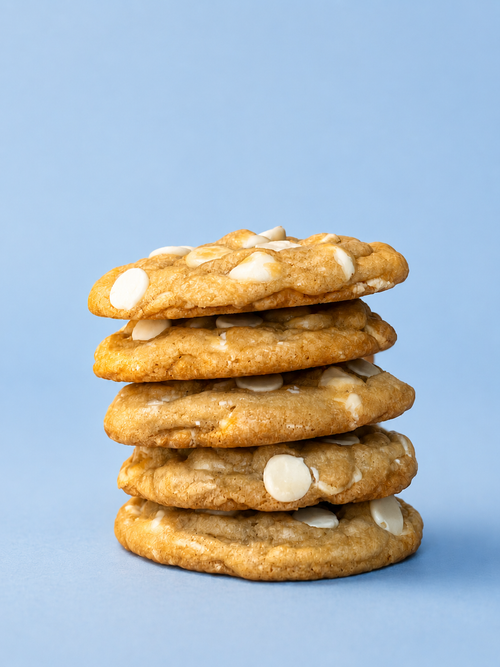 White chocolate chip cookies stacked